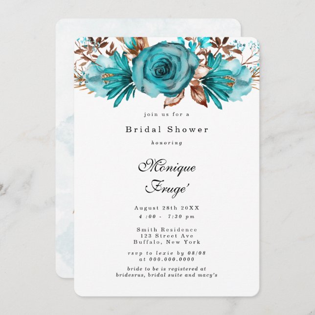 Turquoise and Gold Geometric Peony Bridal Shower I Invitation (Front/Back)