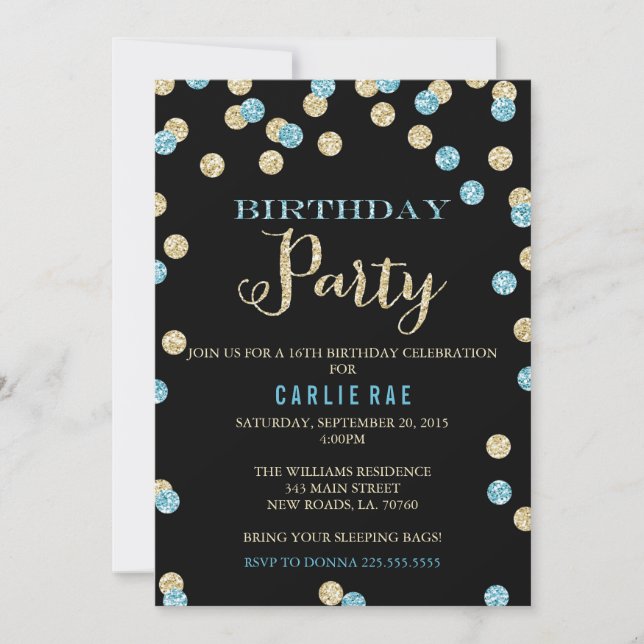 Turquoise and Gold Glitter Birthday Invitations (Front)