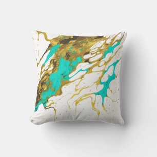 Turquoise and Gold Marbled Alcohol Ink Splash  Cushion