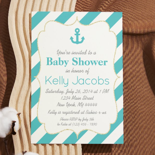 Turquoise and Gold Nautical Baby Shower Invitation (Creator Uploaded)