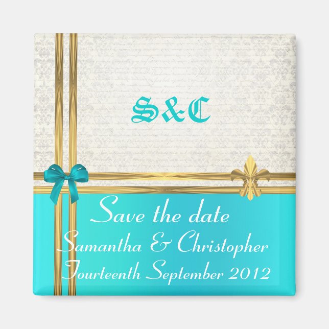 Turquoise and gold on damask save the date magnet (Front)