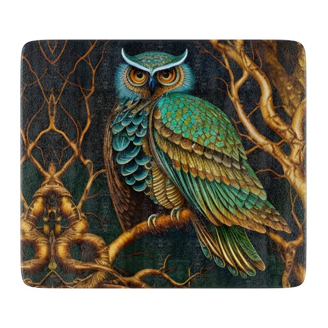 Turquoise and Gold Owl Cutting Board (Front)