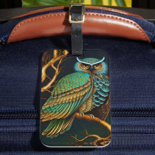 Turquoise and Gold Owl Luggage Tag