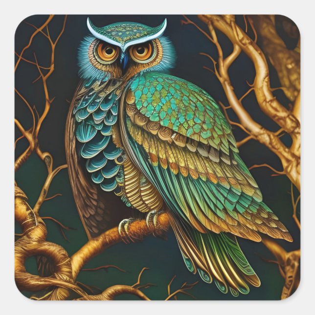 Turquoise and Gold Owl Square Sticker (Front)