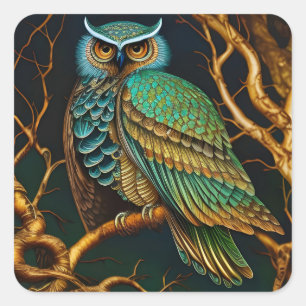 Turquoise and Gold Owl Square Sticker