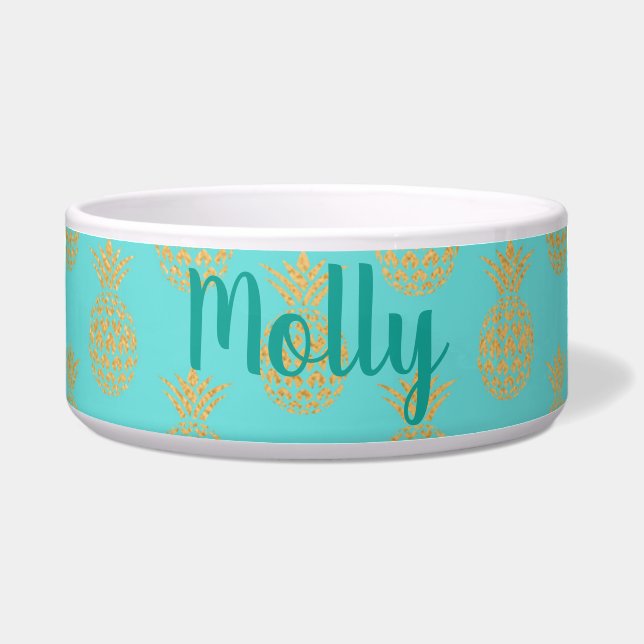 Turquoise and Gold Pineapples Custom Pet Bowl (Front)