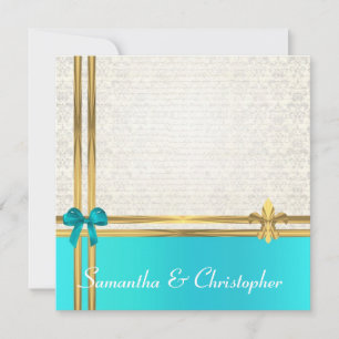 Turquoise and gold ribbon with white damask invitation