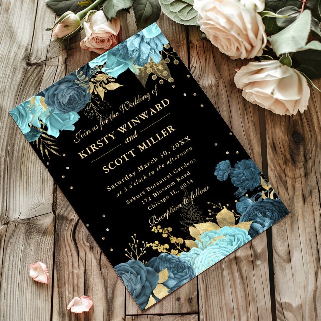 Turquoise and Gold Roses Floral Wedding Invitation (Creator Uploaded)