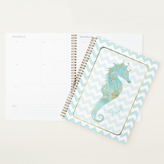 Turquoise and Gold Seahorse Personalised Planner (Display)