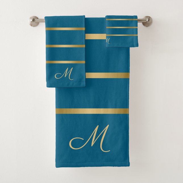 Turquoise and gold stripes pattern bath towel set (Insitu)