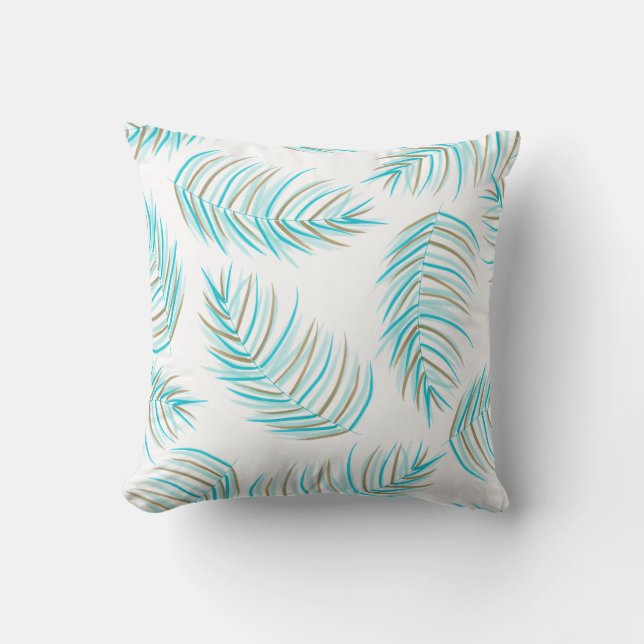 Turquoise and Gold Tropical Palm Leaves Pattern Cushion (Front)