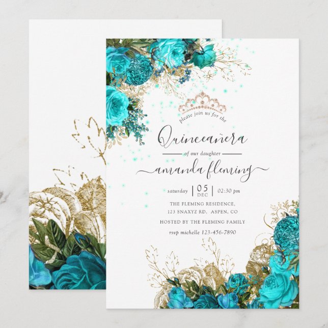 Turquoise and Gold Vintage Floral Quinceañera Invitation (Front/Back)