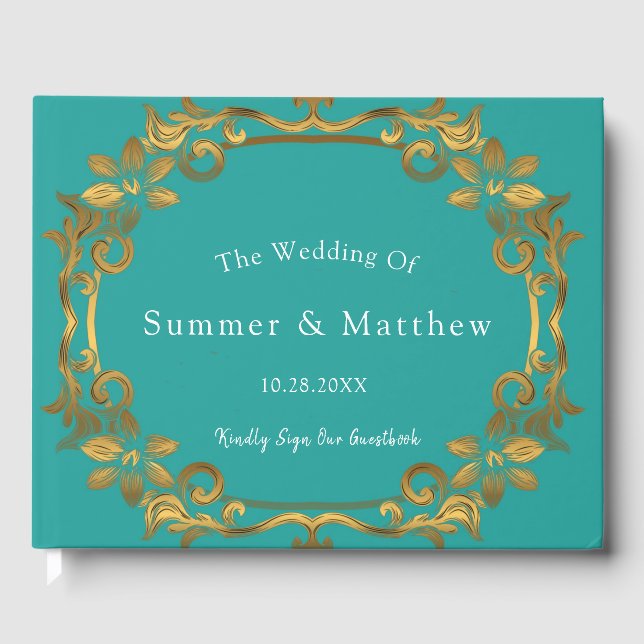 Turquoise and Gold Wedding Guest Book (Front)