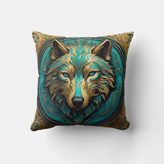 Turquoise and Gold Wolf Cushion (Back)