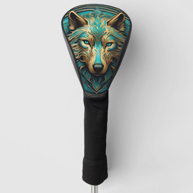 Turquoise and Gold Wolf Golf Head Cover (Front)