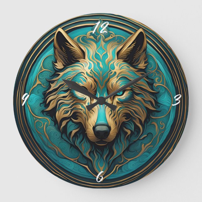 Turquoise and Gold Wolf Large Clock (Front)