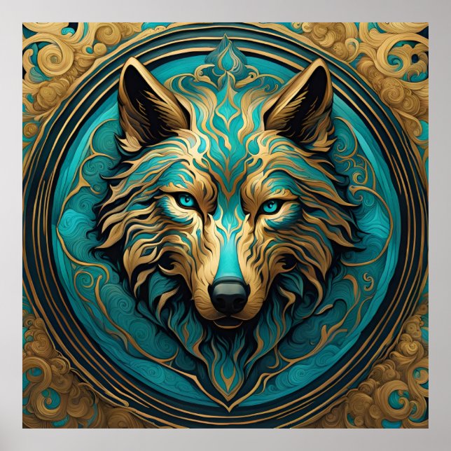 Turquoise and Gold Wolf Poster (Front)