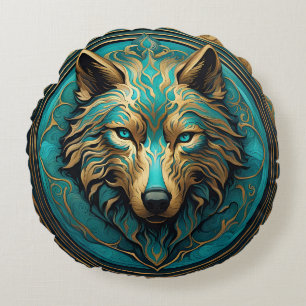 Turquoise and Gold Wolf Round Cushion