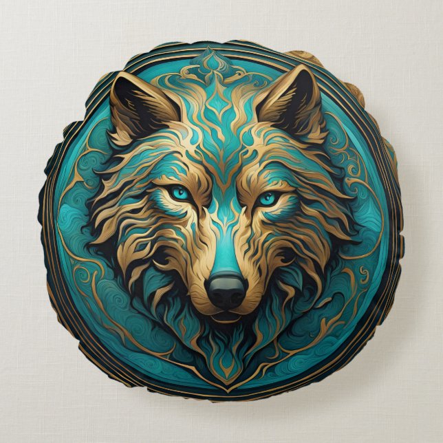 Turquoise and Gold Wolf Round Cushion (Front)
