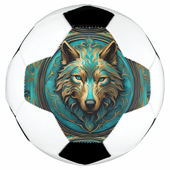 Turquoise and Gold Wolf Soccer Ball (Front)