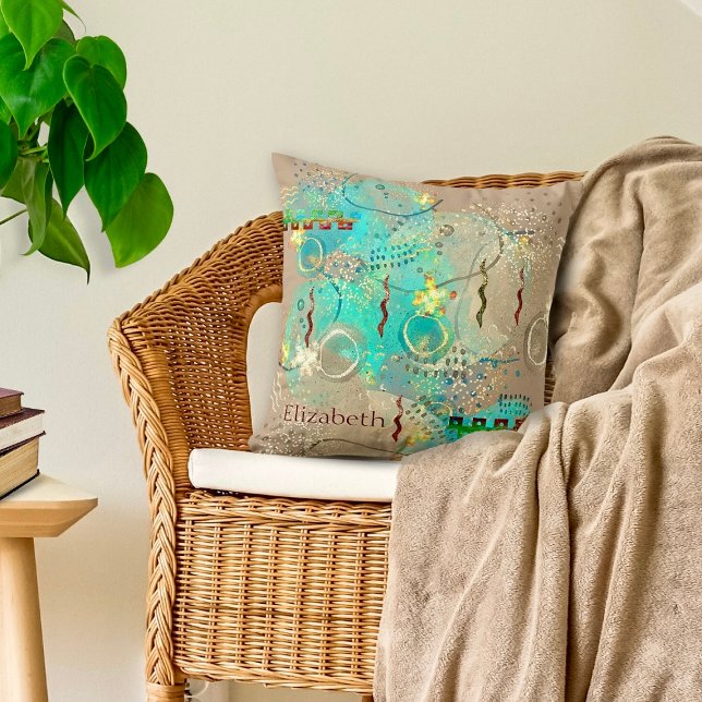 Turquoise And Golden Ancient Wisdom Boho Cushion (Transform your space with the tranquil hues of our Turquoise And Golden Ancient Wisdom Throw Pillow.)