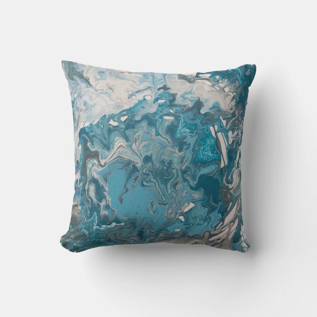 Turquoise and Gray Acrylic Pour Paint Marbleized Cushion (Front)