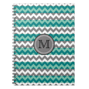 Turquoise and Gray Chevron Zigzag Monogram Notebook