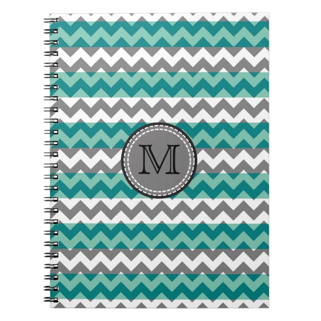 Turquoise and Gray Chevron Zigzag Monogram Notebook (Front)
