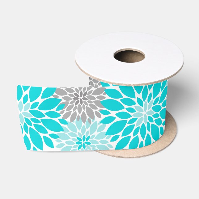 Turquoise and Gray Chrysanthemums Floral Pattern Satin Ribbon (Spool)