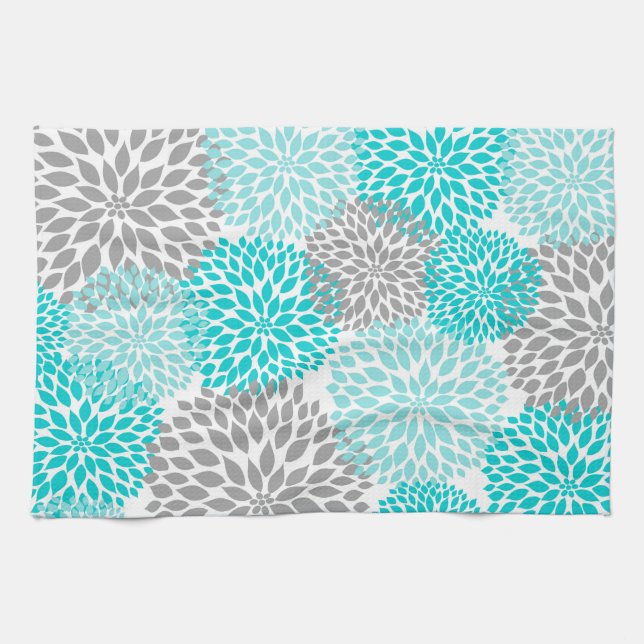 Turquoise and Gray Floral Kitchen Tea Towel (Horizontal)