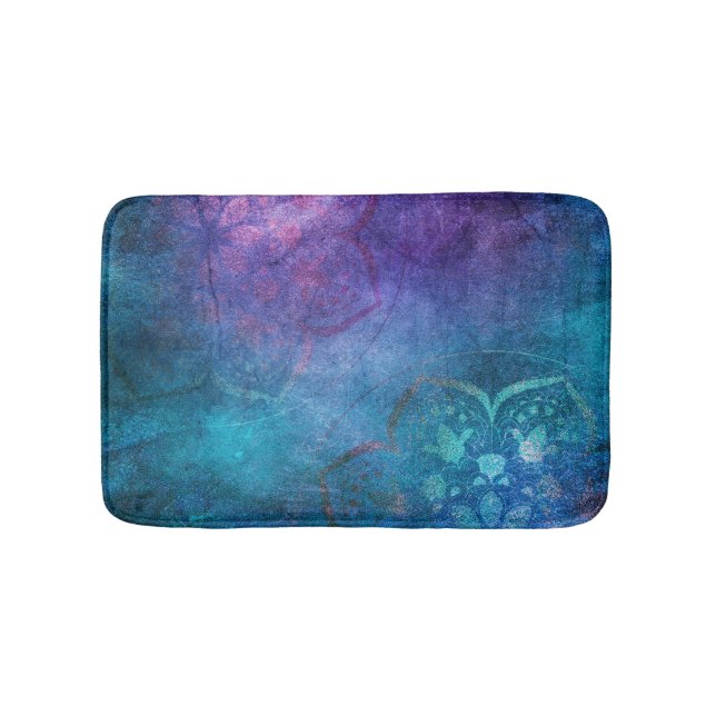 Turquoise and Green Elegant Lotus Flower Bath Mat (Front)
