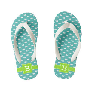 Turquoise and Green Whales Square Monogram Kid's Jandals