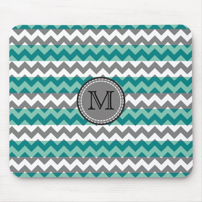Turquoise and Grey Chevron Zigzag Monogram #2 Mouse Pad (Front)
