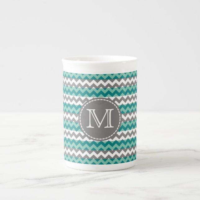 Turquoise and Grey Chevron Zigzag Monogram Bone China Mug (Front)