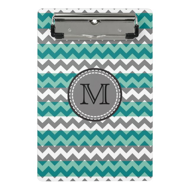 Turquoise and Grey Chevron Zigzag Monogram Mini Clipboard (Front)