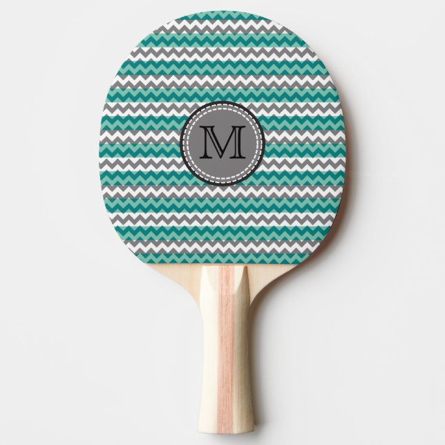 Turquoise and Grey Chevron Zigzag Monogram Ping Pong Paddle (Front)