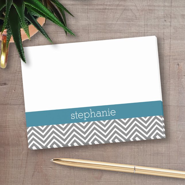 Turquoise and Grey Chevrons Custom Name Post-it Notes (Personalized Post-It Notes - add name or other text)