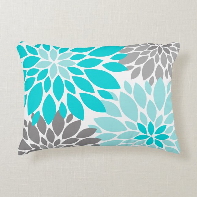 Turquoise and Grey Chrysanthemums Floral Pattern Decorative Cushion (Front)