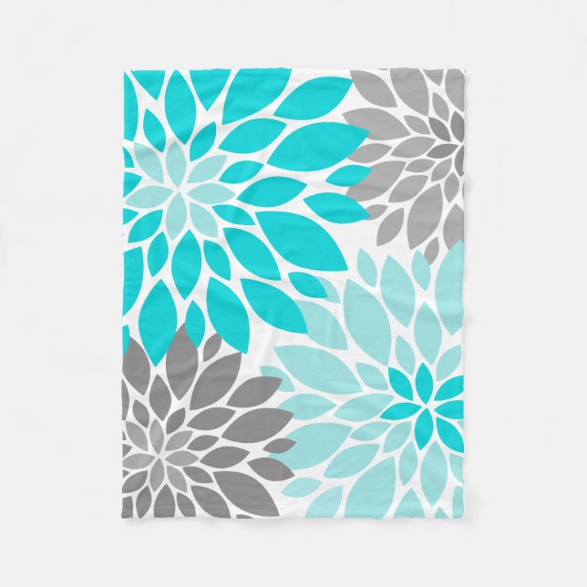 Turquoise and Grey Chrysanthemums Floral Pattern Fleece Blanket (Front)