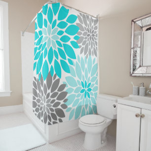 Turquoise and Grey Chrysanthemums Floral Pattern Shower Curtain