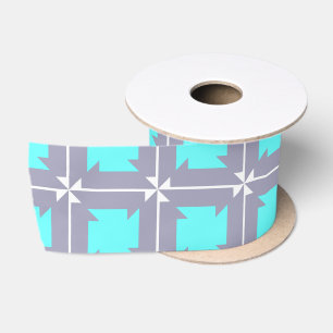 Turquoise and Grey Geometric Pattern Satin Ribbon