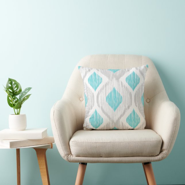 Turquoise and Grey Ikat Ogee Cushion (Chair)