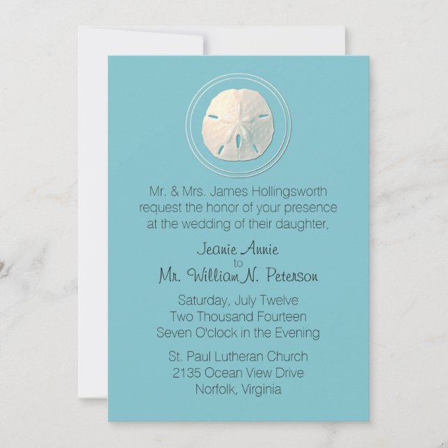 Turquoise and Ivory Sand Dollar Wedding Invitation (Front)