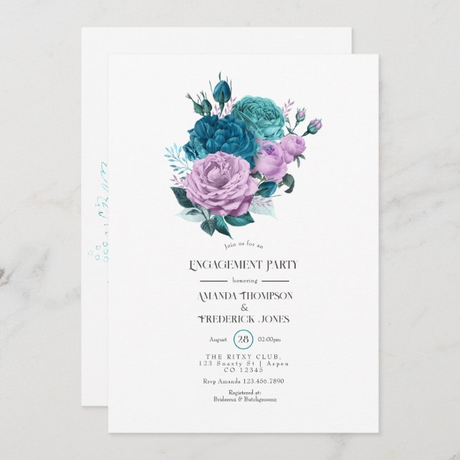 Turquoise and Lavender Floral Engagement Party Invitation (Front/Back)