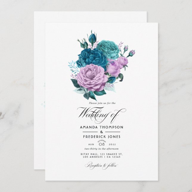 Turquoise and Lavender Floral Wedding Invitation (Front/Back)