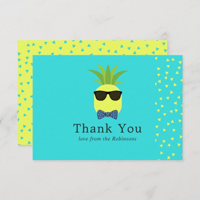 Turquoise and Lemon Pineapples Bar Mitzvah Thank You Card (Front/Back)