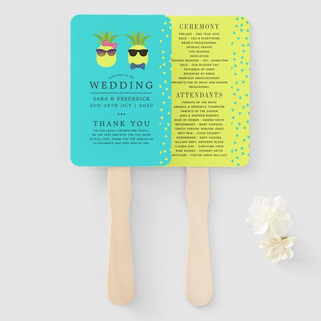 Turquoise and Lemon summer Beach Wedding Program Hand Fan (Front and Back)