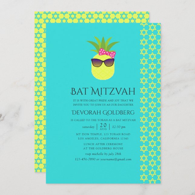 Turquoise and Lemon Tropical Summer Bat Mitzvah Invitation (Front/Back)