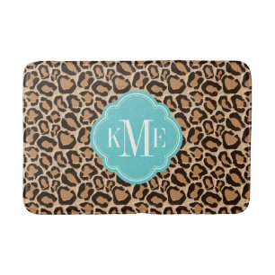 Turquoise and Leopard Print Custom Monogram Bath Mat