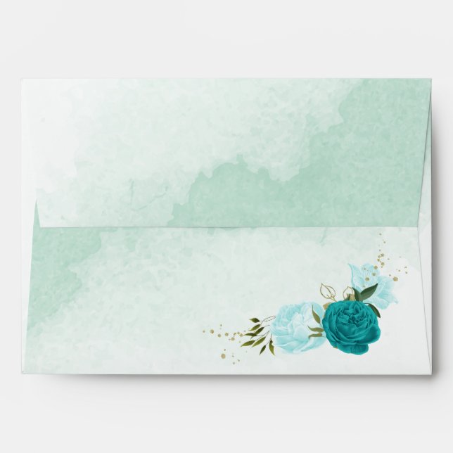 turquoise and light blue flowers wedding envelope (Back (Top Flap))